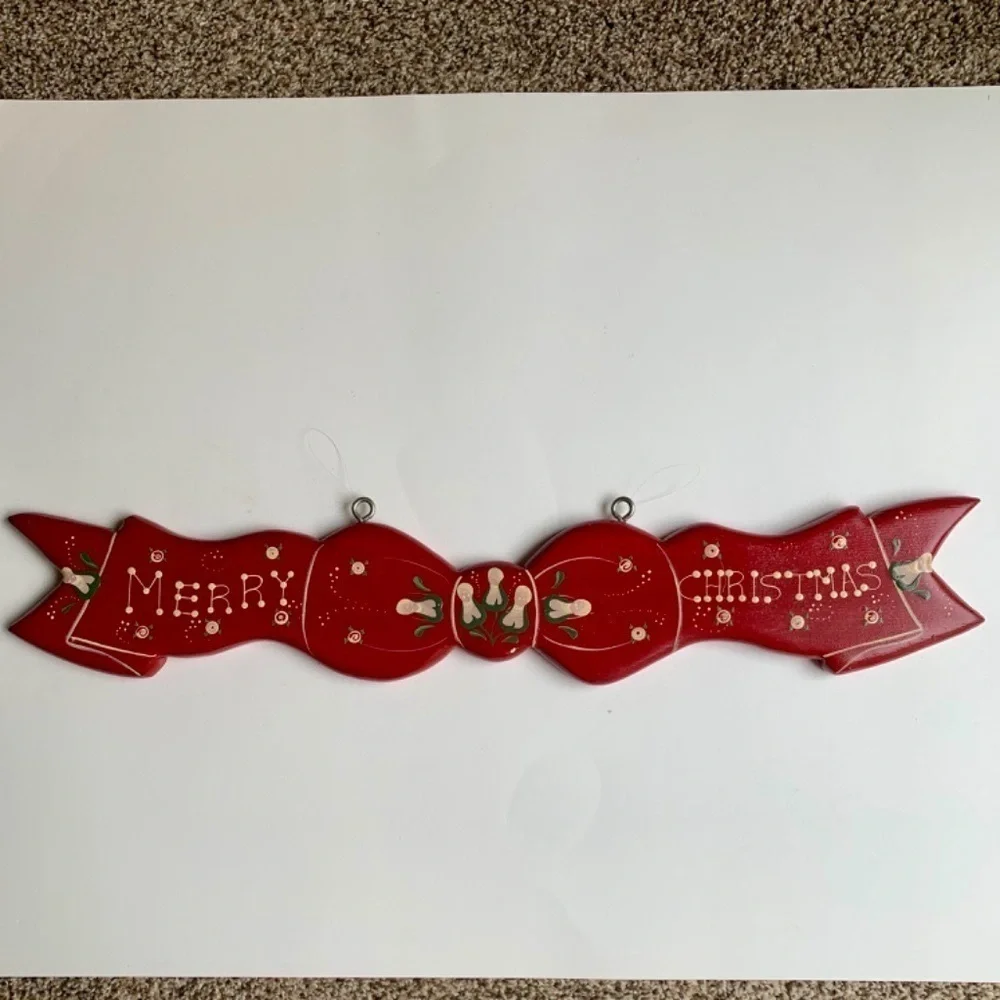 Red Merry Christmas Hanging Wood Sign Wall Plaque Ribbon Bow Hand Painted 24”